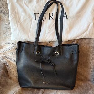 Furla Costanza Medium Ribbon Black Pebble Leather Tote